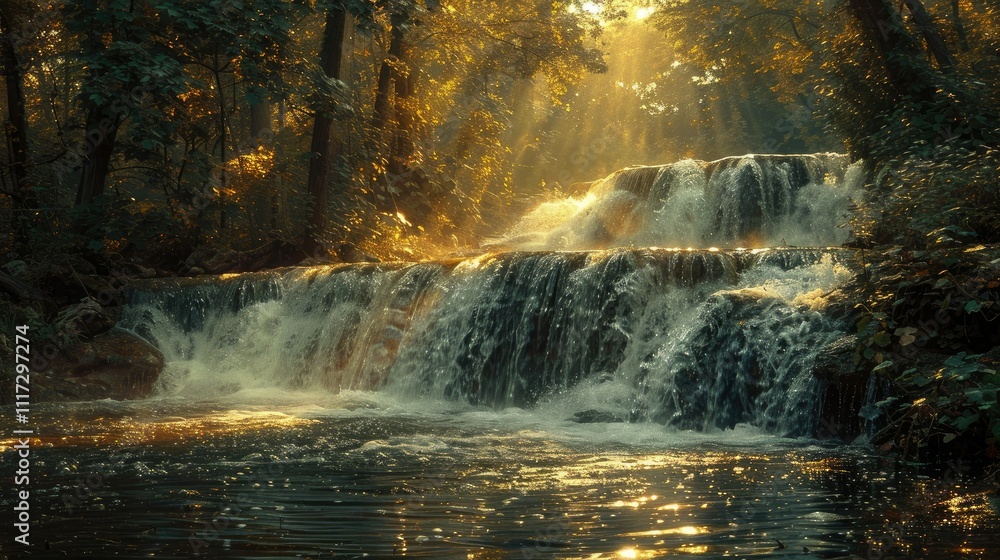 Sunlit cascading waterfall in lush green forest. Sunlit cascading waterfall in lush green forest.