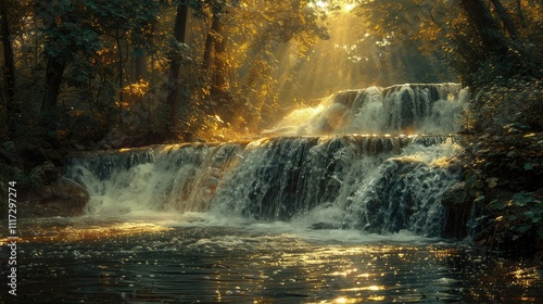 Sunlit cascading waterfall in lush green forest.