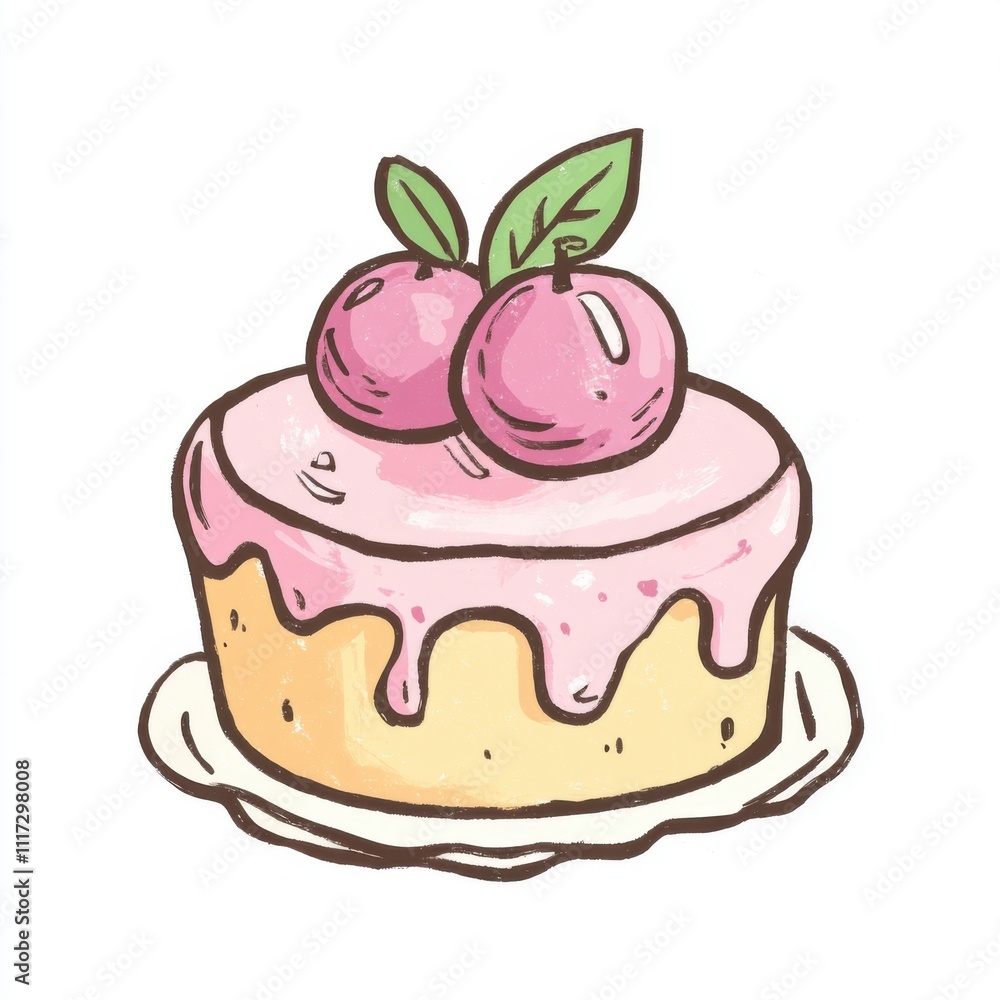 Cartoon-style cake with pink icing and fruit topping on a decorative plate, perfect for desserts and celebrations Cartoon-style cake with pink icing and fruit topping on a decorative plate, perfect for desserts and celebrations
