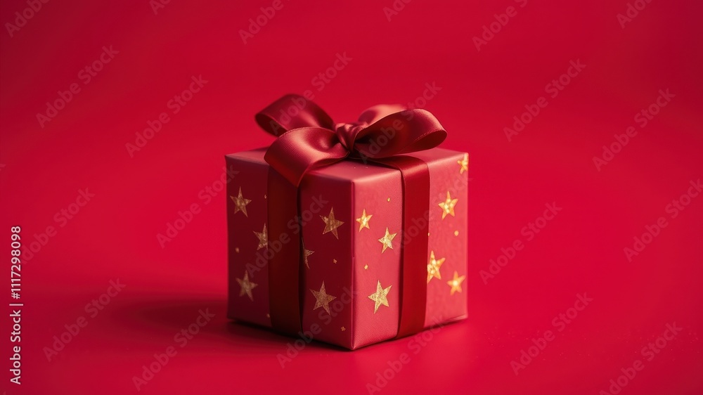 A Red Gift Box with a Golden Star Pattern and a Red Bow on a Red Background