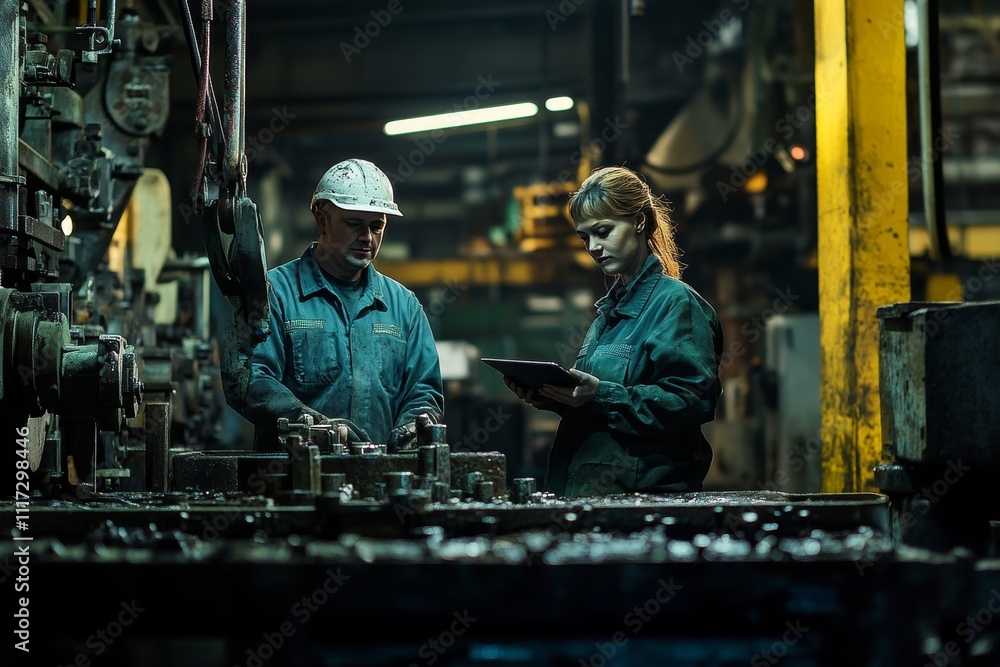 Portrait of industrial engineers working together with tablet in a factory environment Portrait of industrial engineers working together with tablet in a factory environment