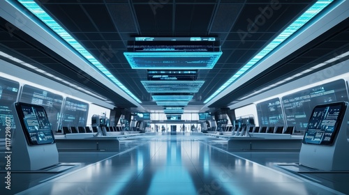 Futuristic airport terminal with fully automated check-in and boarding systems