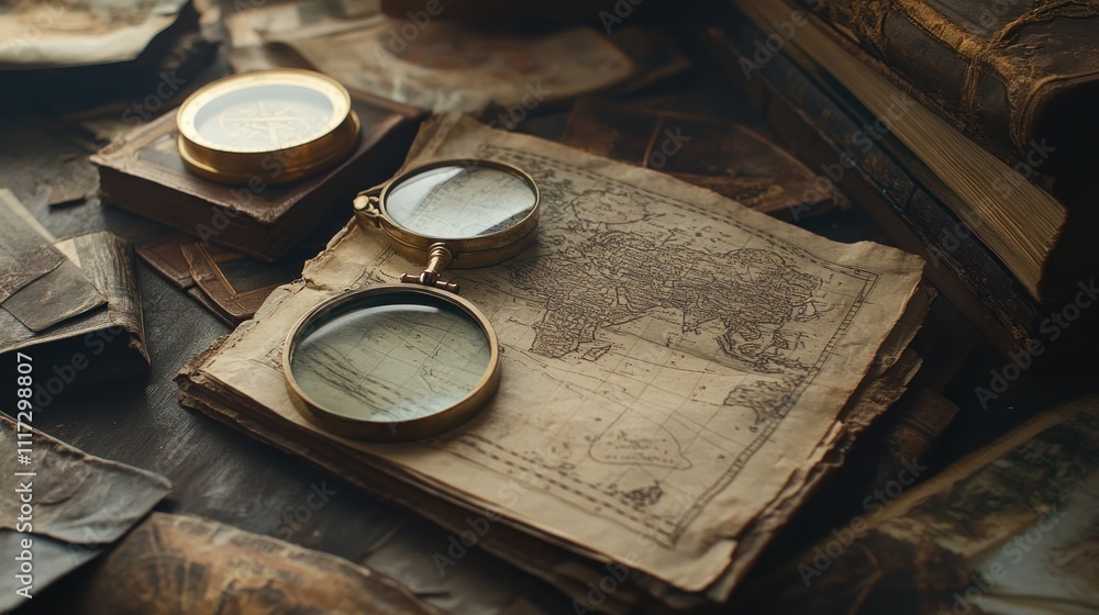 A dusty collection of old maps and atlases, with a magnifying glass and compass nearby A dusty collection of old maps and atlases, with a magnifying glass and compass nearby