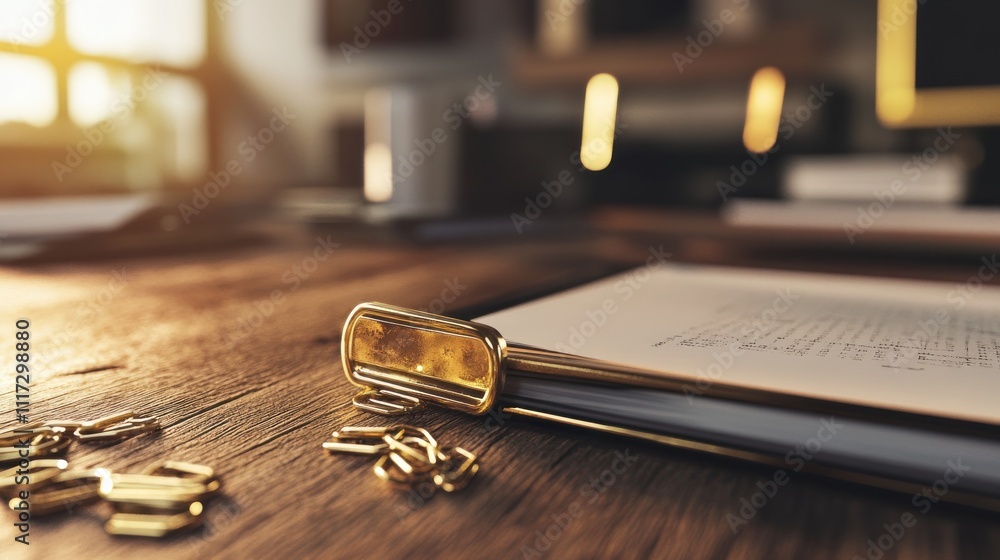 Golden Binder Clips and Notebook on Wooden Desk Golden Binder Clips and Notebook on Wooden Desk
