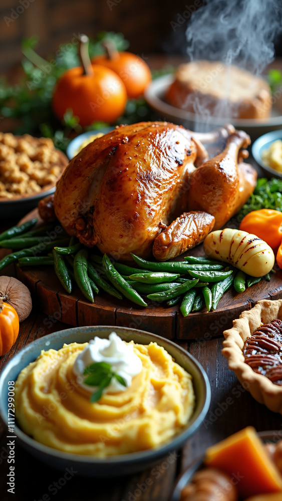 Thanksgiving Feast: Golden Turkey, Seasonal Sides, and Pies on Rustic Table - Perfect for Holiday Promotions Thanksgiving Feast: Golden Turkey, Seasonal Sides, and Pies on Rustic Table - Perfect for Holiday Promotions