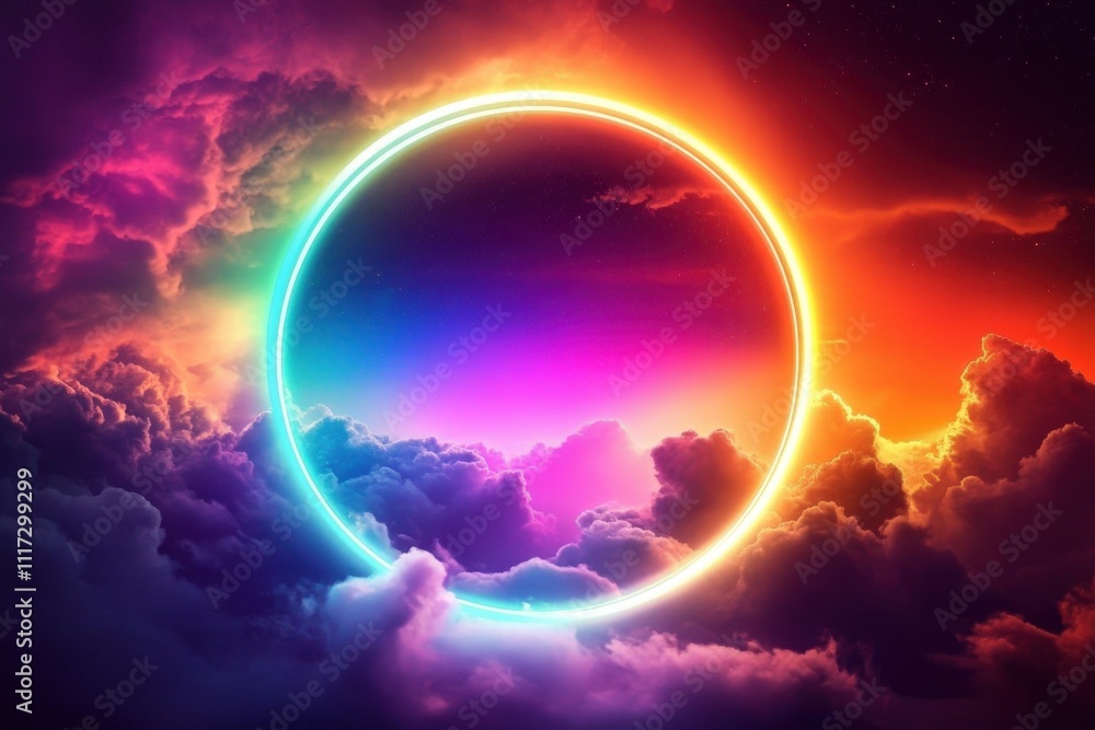A vibrant glowing circle surrounded by colorful clouds creates a surreal atmosphere. A vibrant glowing circle surrounded by colorful clouds creates a surreal atmosphere.