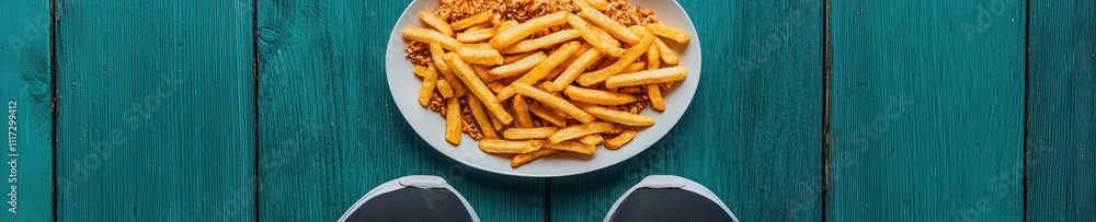 Obesity health awareness running shoes vs. Junk food lifestyle environment close-up perspective Obesity health awareness running shoes vs. Junk food lifestyle environment close-up perspective