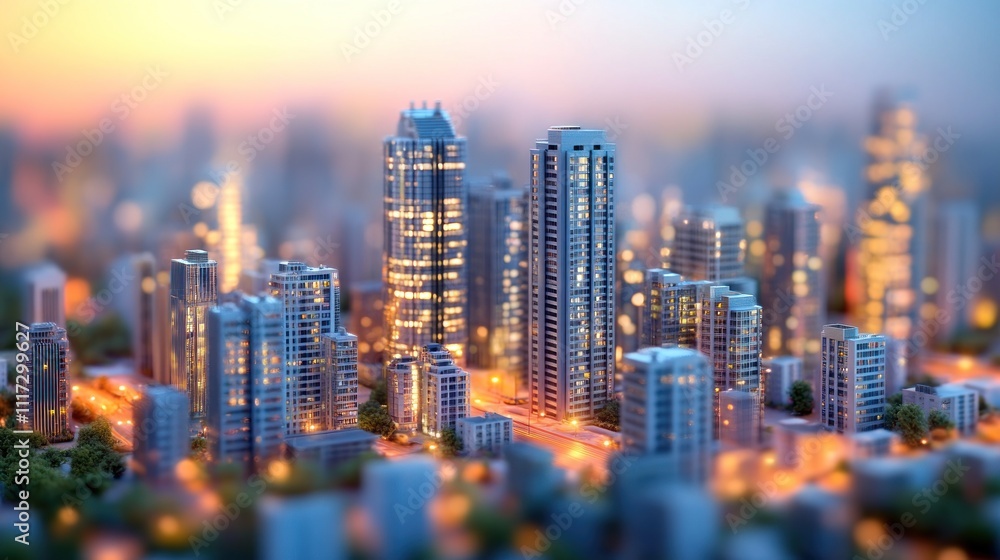 Fototapeta Illuminated Cityscape Model at Dusk Showing Modern Buildings