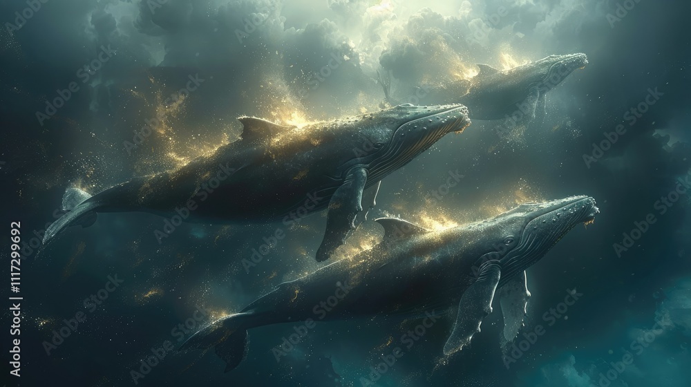 Three glowing whales swim in dark, sparkling water. Three glowing whales swim in dark, sparkling water.