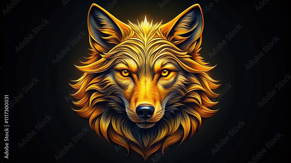 Naklejka premium Golden Wolf Head Illustration - Black Background - Candid Style