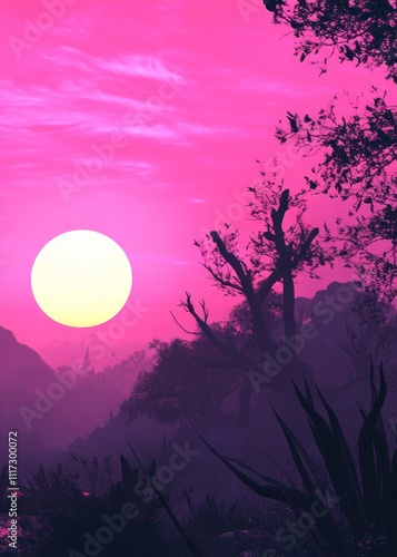 A serene landscape featuring a large sun setting against a vibrant pink sky with silhouettes of trees.