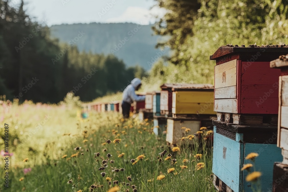 Naklejka premium Colorful beehives line a field, a beekeeper works in the distance. This image depicts rural beekeeping, showcasing honey production.