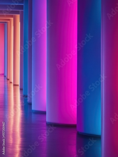 A corridor of illuminated columns in vibrant colors creating a captivating atmosphere.
