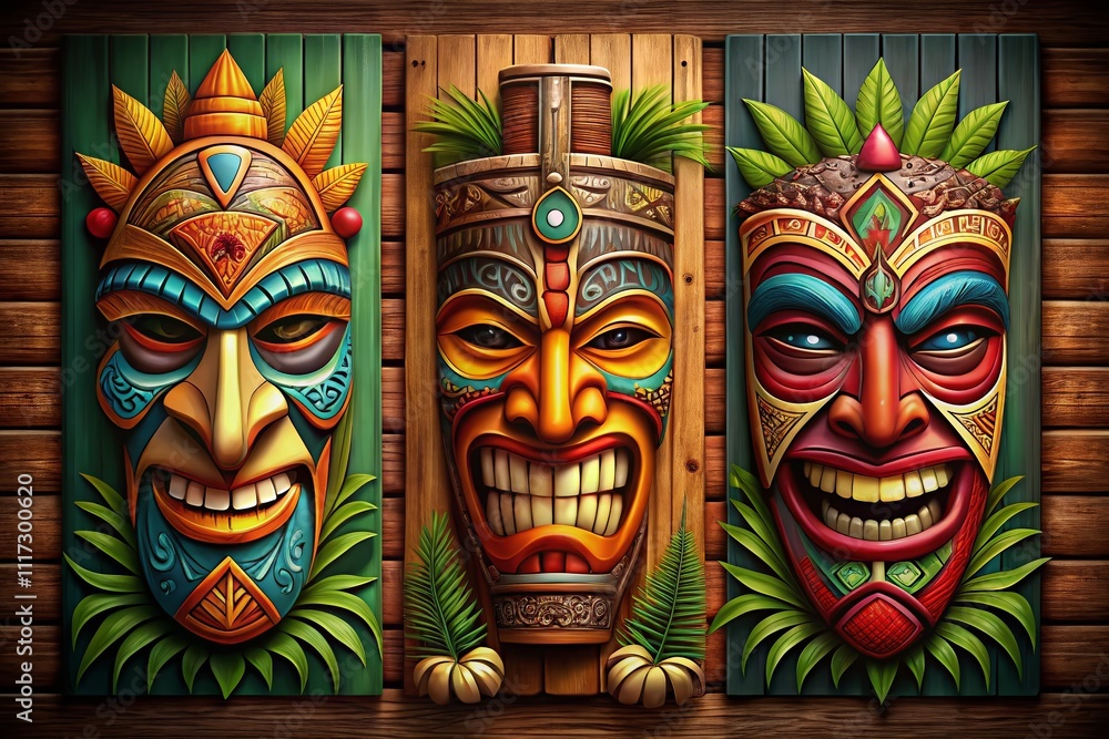 Hawaiian Tiki Masks, Polynesian Totems, African Masks - Collection Posters Hawaiian Tiki Masks, Polynesian Totems, African Masks - Collection Posters