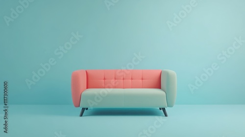 A modern, colorful sofa against a minimalist blue background.
