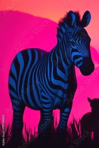 A striking silhouette of a zebra against a vibrant pink and purple background.