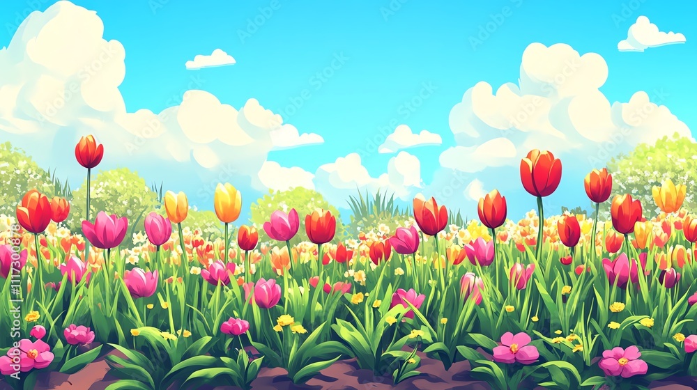 a 2D cartoon illustration of a tulip garden in spring, colorful and blooming, white background--ar 16:9 a 2D cartoon illustration of a tulip garden in spring, colorful and blooming, white background--ar 16:9