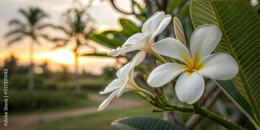 Fototapeta premium Elegant White Plumeria Flowers Blooming Against a Serene Tropical Landscape at Sunset