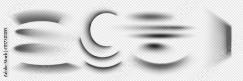 3d shade box effect. Realistic black vector shadow. Soft gradient ellipse border isolated mockup template. Transparent graphic line edge for round package on wall surface. Gray diffused frame design