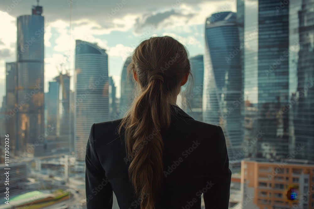 Fototapeta premium Woman in business suit, back view, overlooking cityscape. Illustrates ambition, success, and future goals in business.