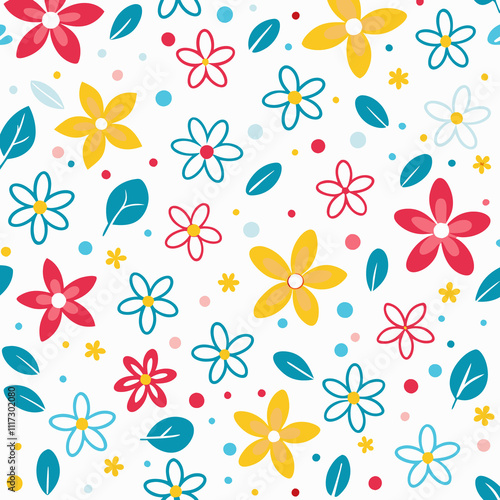 Colorful floral pattern with flowers, leaves, and dots on white background.