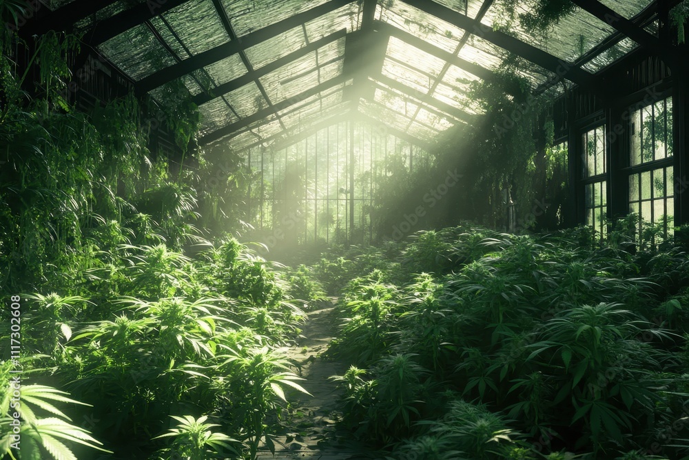 Overgrown greenhouse filled with lush cannabis plants. Ideal for illustrating themes of nature, neglect, or illegal cultivation. Overgrown greenhouse filled with lush cannabis plants. Ideal for illustrating themes of nature, neglect, or illegal cultivation.