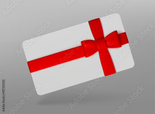 Blank white template of plastic gift card mockup with ribbon and bow. 3d realistic business prepaid voucher for present on Christmas. Premium birthday cardboard certificate for discount information