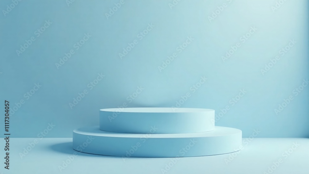Minimalist Light Blue Product Presentation with Tiered Podiums - AI Photo Minimalist Light Blue Product Presentation with Tiered Podiums - AI Photo