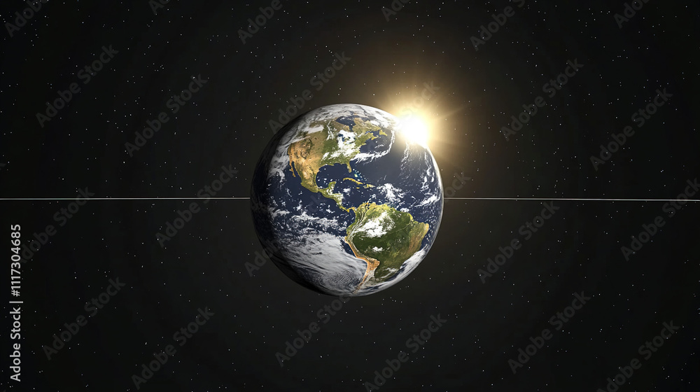 Fototapeta premium Earth axis diagram illustration showing the tilt of the Earth's rotational axis relative to its orbital plane, explaining the cause of seasonal changes and the distribution of sunlight.