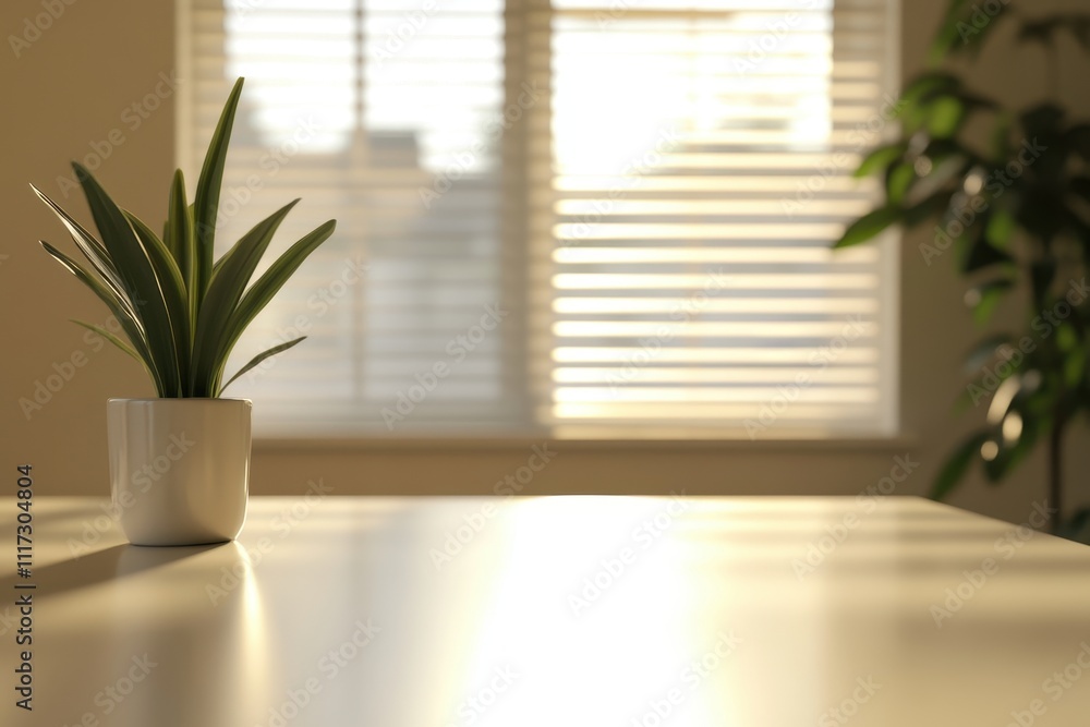 A serene indoor setting featuring a potted plant on a table with soft sunlight filtering through blinds. A serene indoor setting featuring a potted plant on a table with soft sunlight filtering through blinds.