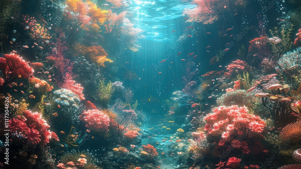 Fototapeta premium Vibrant coral reef teeming with colorful fish and diverse marine life, sunlight penetrates the water.