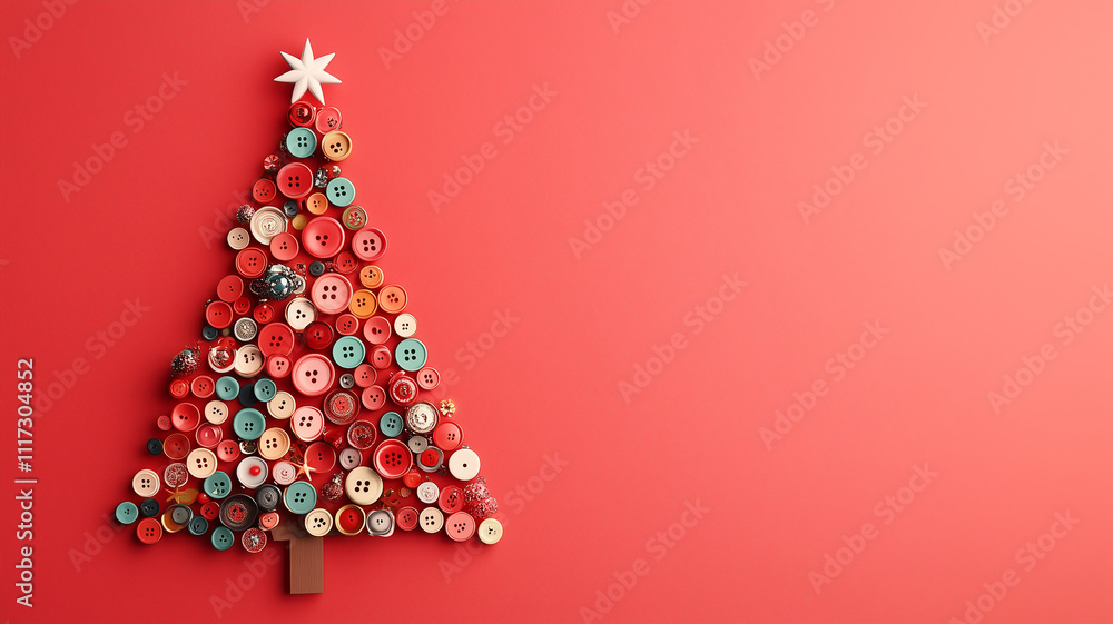 3D rendering of a Christmas tree made of buttons on a pastel red background 3D rendering of a Christmas tree made of buttons on a pastel red background