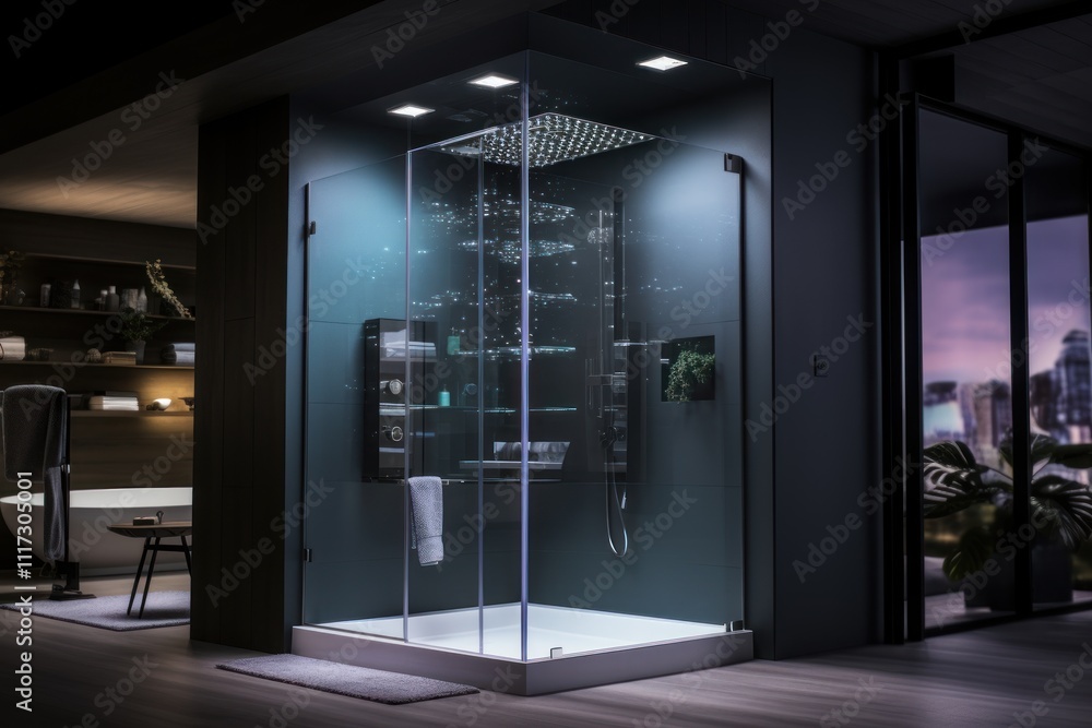 Modern Glass Shower Enclosure With City View Modern Glass Shower Enclosure With City View