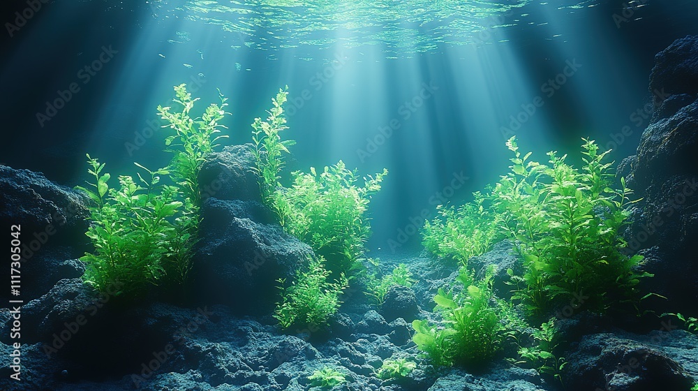 Obraz premium Sunlight shining into the deep blue sea, 3D rendering. Beautiful plants in natural marine environment
