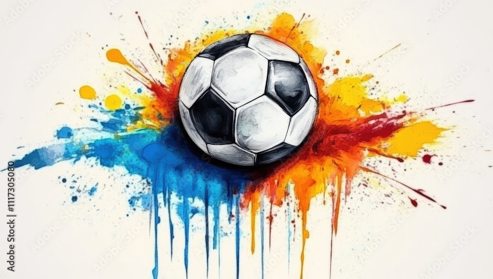 Naklejka premium A vibrant watercolor splat background featuring a soccer ball.