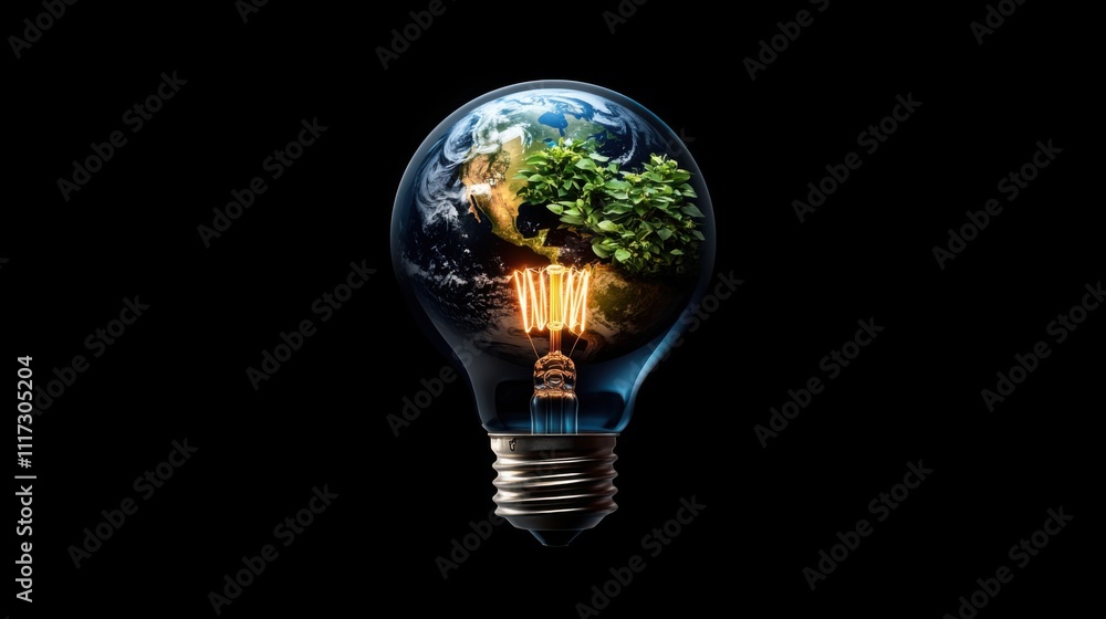 Light Bulb with Earth and Green Plants Symbolizing Sustainability and Environmental Awareness Light Bulb with Earth and Green Plants Symbolizing Sustainability and Environmental Awareness