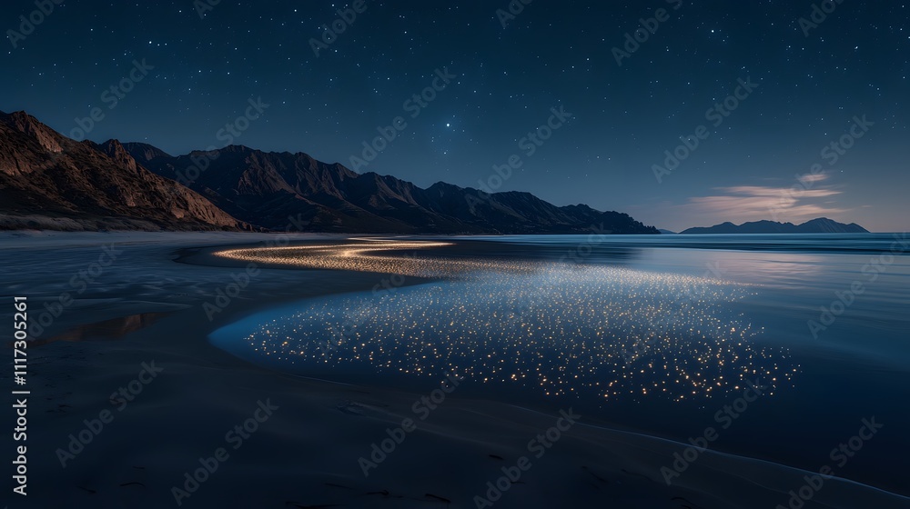 Fototapeta premium Dramatic View of Glowing Water Meeting Sandy Shore Under Starry Night Sky Highlighting Natural Beauty and Tranquility of Coastal Landscape