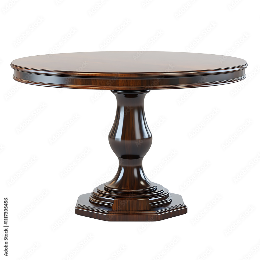 A polished wooden table with a round top and a decorative pedestal base, showcasing elegant craftsmanship.,transparent background A polished wooden table with a round top and a decorative pedestal base, showcasing elegant craftsmanship.,transparent background