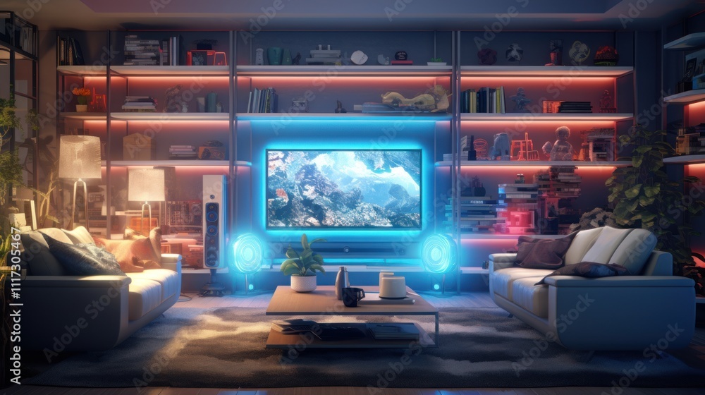 Modern Living Room with Ambient Lighting and Large Screen Television Modern Living Room with Ambient Lighting and Large Screen Television