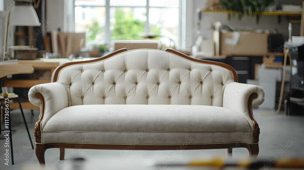 A Glimpse of the Art of Reupholstering an Elegant Antique Sofa in a Cozy Workshop Setting Filled with Natural Light and Crafting Tools A Glimpse of the Art of Reupholstering an Elegant Antique Sofa in a Cozy Workshop Setting Filled with Natural Light and Crafting Tools
