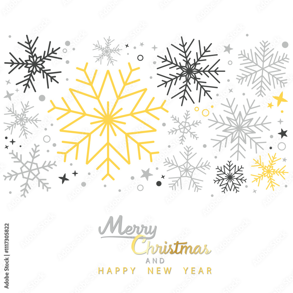 Fototapeta premium Elegant Christmas snowflake pattern with gold, silver, and black colors on a white background. Perfect for holiday greeting cards, seasonal decor, or festive invitations.