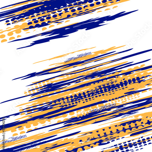 Abstract design with blue and orange brush strokes.