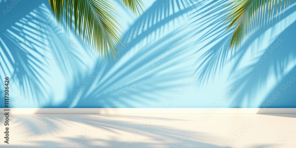 Palm Leaf Shadows Cast On A Light Blue Wall And White Floor Palm Leaf Shadows Cast On A Light Blue Wall And White Floor