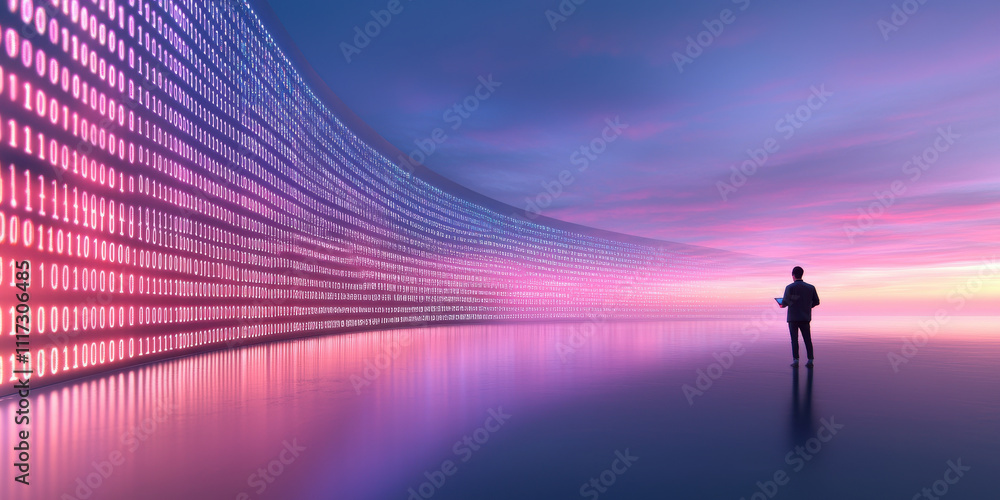 person standing in futuristic landscape with binary code and vibrant colors person standing in futuristic landscape with binary code and vibrant colors