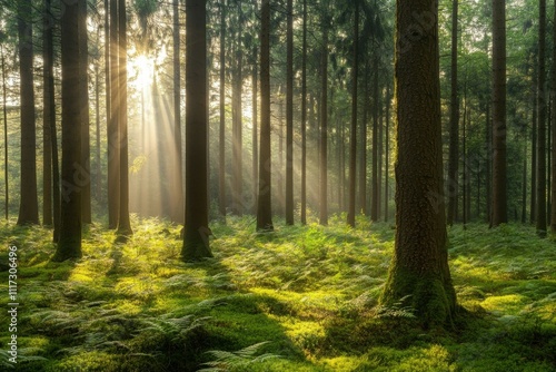 Serene forest scene with sunlight filtering through tall trees.