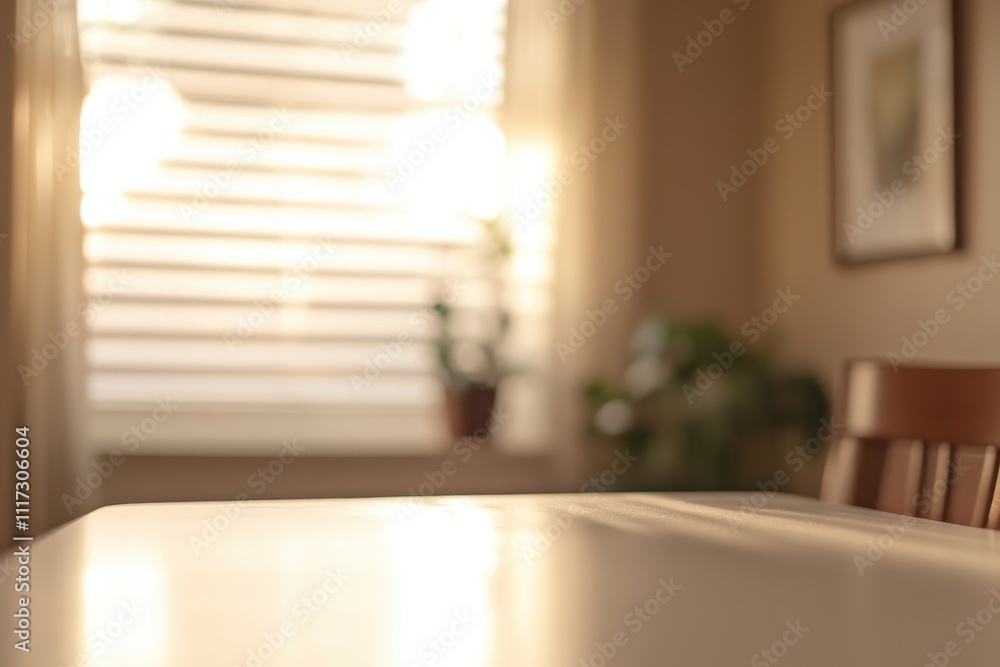 A softly lit dining area with a table, plants, and window blinds creating a cozy atmosphere. A softly lit dining area with a table, plants, and window blinds creating a cozy atmosphere.
