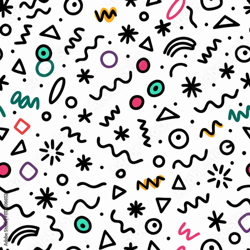 Seamless pattern with colorful 80s style geometric shapes and wavy lines on white background.