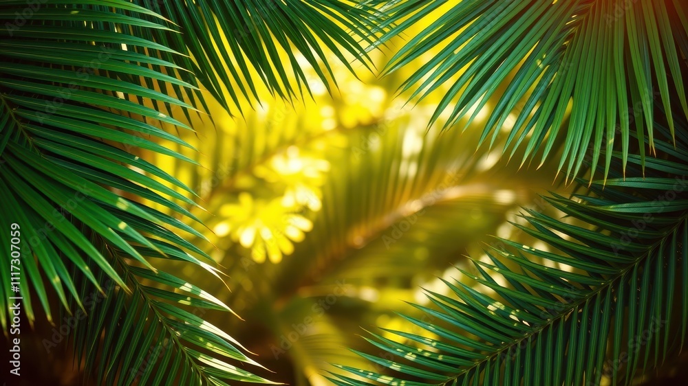 Obraz premium A close-up of palm fronds framing a blurred background of tropical foliage, creating a vibrant and lush green scene.