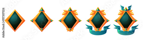 Game rank badges with dark green centers and golden frame with decorative geometric floral elements, gemstones and ribbons. Progress steps of fantasy labels for gui levels or achievements design.