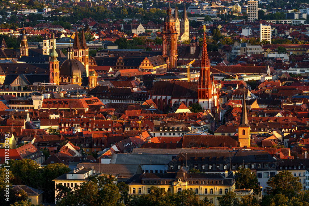 Blick von den Weinbergen am Stein zur historische Altstadt von Würzburg am Abend, Unterfranken, Franken, Bayern, Deutschland